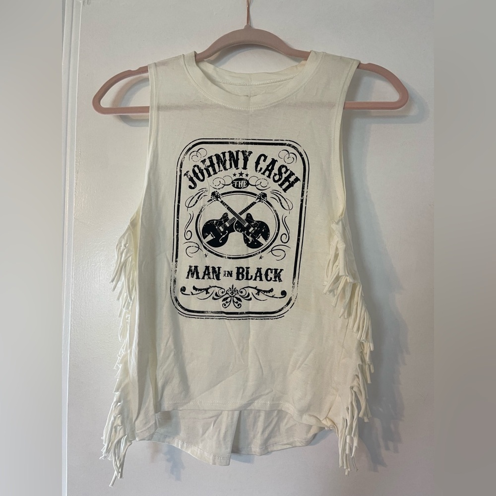 Johnny Cash Graphic Fringe Tank Top - Cream